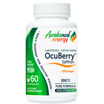 Bottle of Awakened.energy OcuBerry Saffron with Enovita 590 mg supplement on a white background.