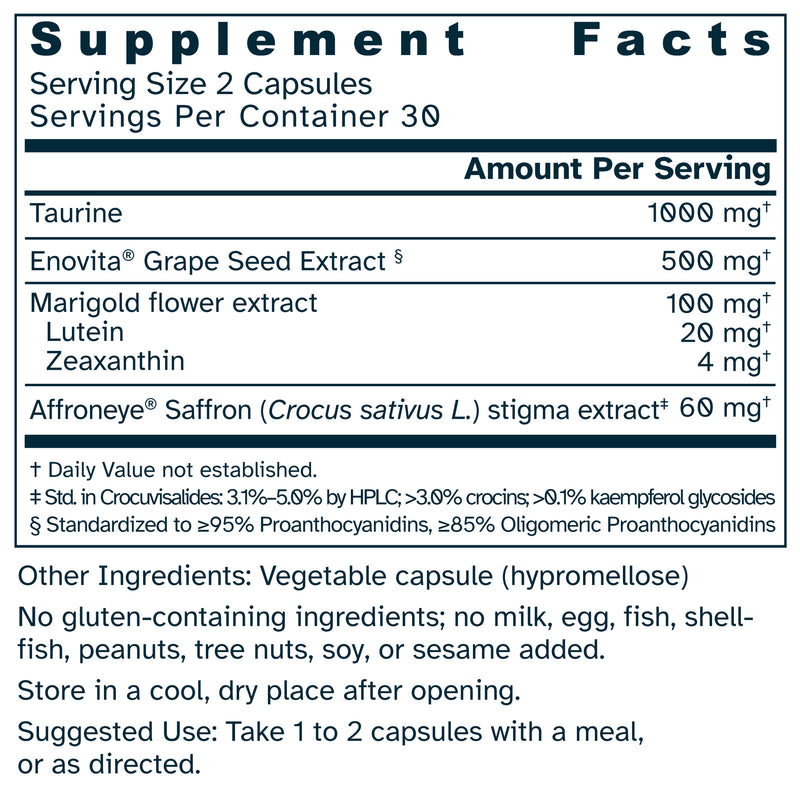 Saffron Retinal Complex 830 mg - Affroneye® Saffron, Enovita® Grape Seed, Lutein, Zeaxanthin & Taurine - Retinal & Optic Nerve Support - No Additives - 60 Capsules by Awakened.energy