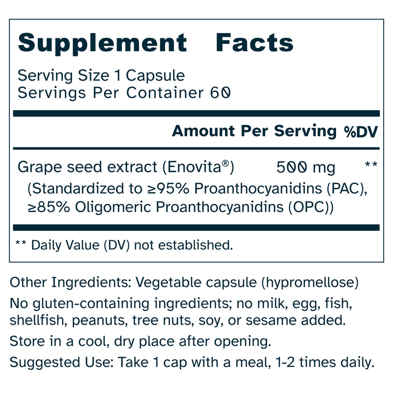 Grape Seed Extract 500 mg - Antioxidant, Cellular Health, Stress Response Support - Enovita® French GSE, OPCs - No Additives - 60 Capsules by Awakened.energy