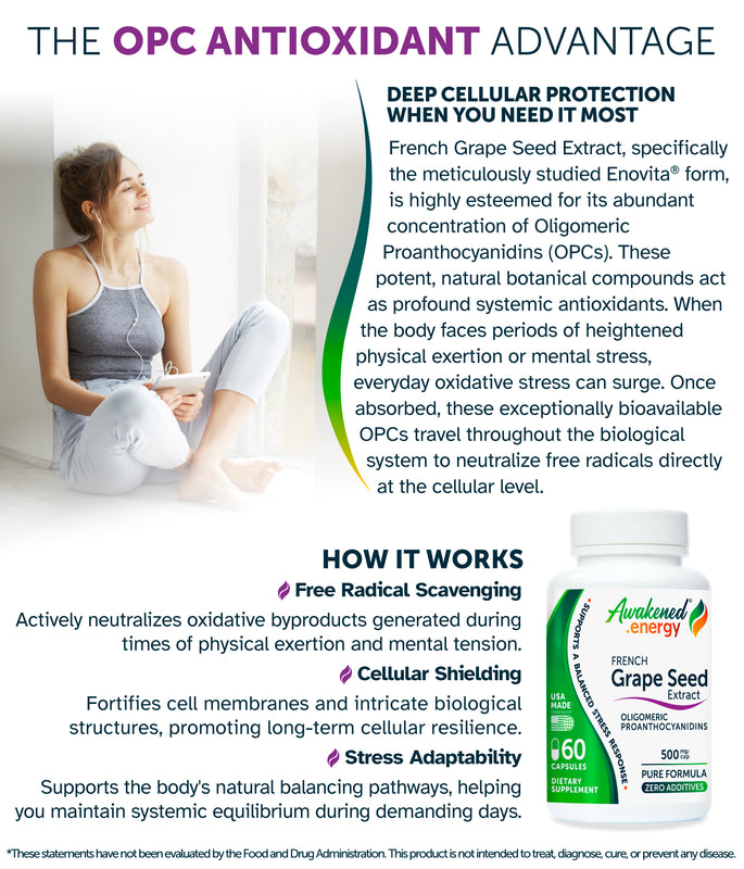 Grape Seed Extract 500 mg - Antioxidant, Cellular Health, Stress Response Support - Enovita® French GSE, OPCs - No Additives - 60 Capsules by Awakened.energy