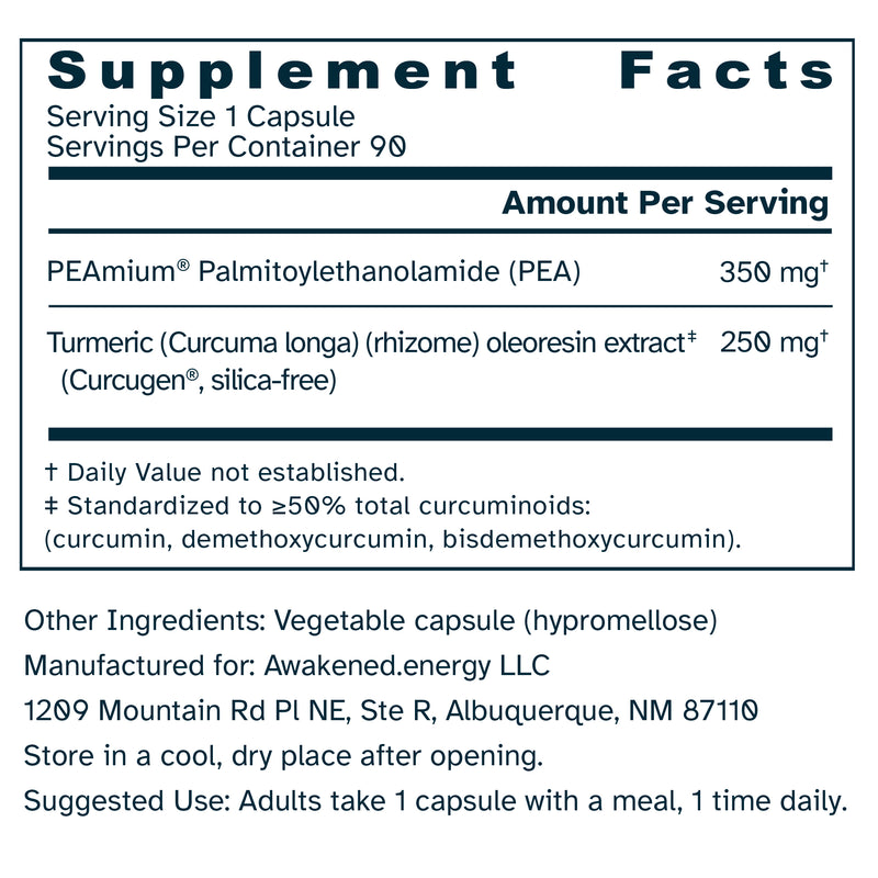 PEAmium® Curcugen® - Palmitoylethanolamide (PEA) & Turmeric Extract - Mobility & Comfort - No Additives - 90 Capsules by Awakened.energy