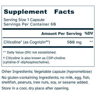 Supplement facts label for Citicoline capsules with serving size and container information.
