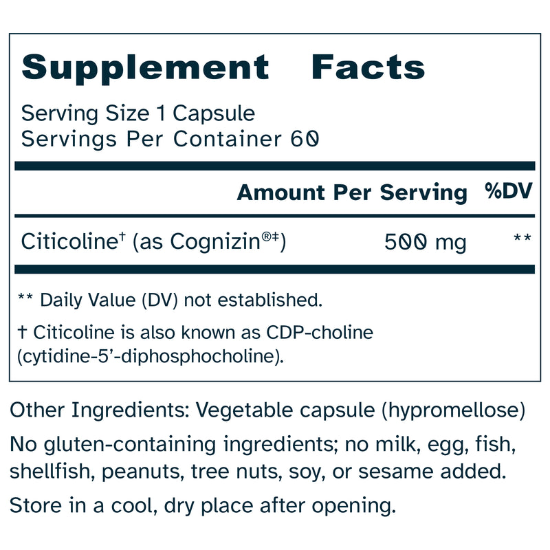Cognizin® Citicoline 500 mg - Brain, Cognitive Support - No Additives - 60 Capsules by Awakened.energy