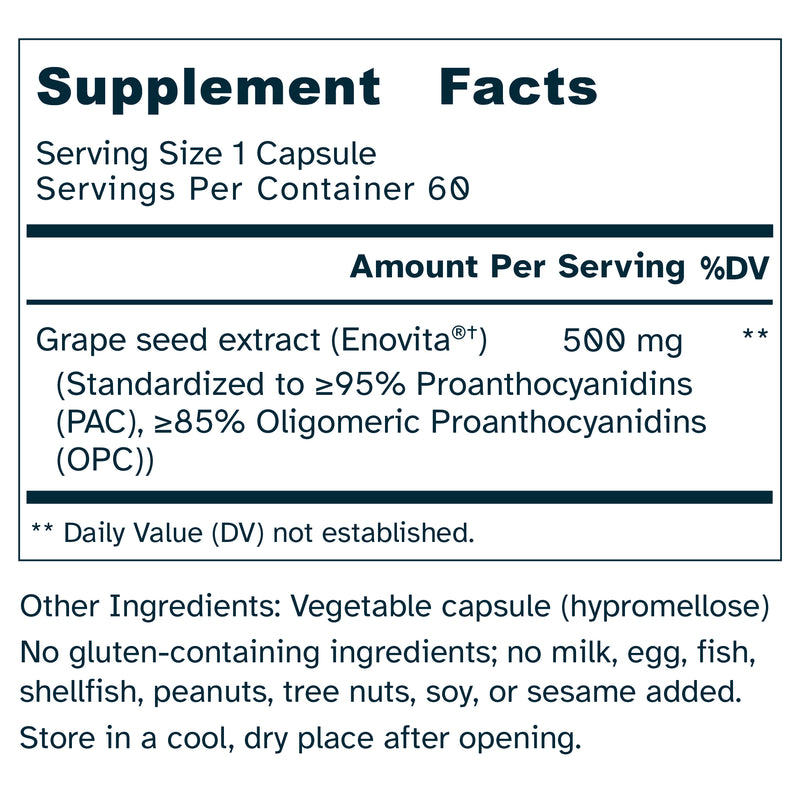 Grape Seed Extract 500 mg - Antioxidant, Cellular Health, Stress Response Support - Enovita® French GSE, OPCs - No Additives - 60 Capsules by Awakened.energy