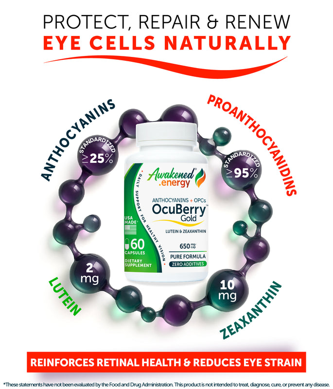 OcuBerry Gold 650 mg - Vision, Retina, Blue Light Support - No Additives- 60 Capsules by Awakened.energy