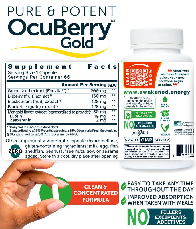 OcuBerry Gold 650 mg - Vision, Retina, Blue Light Support - No Additives- 60 Capsules by Awakened.energy