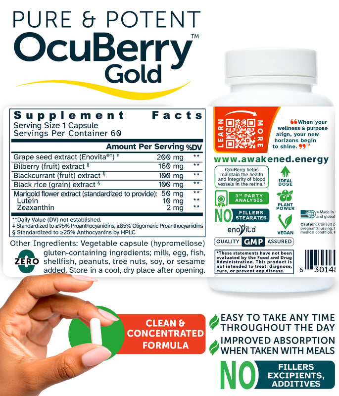 OcuBerry Gold 610 mg - Vision, Macular, Circulation Support - No Additives - 60 Capsules by Awakened.energy