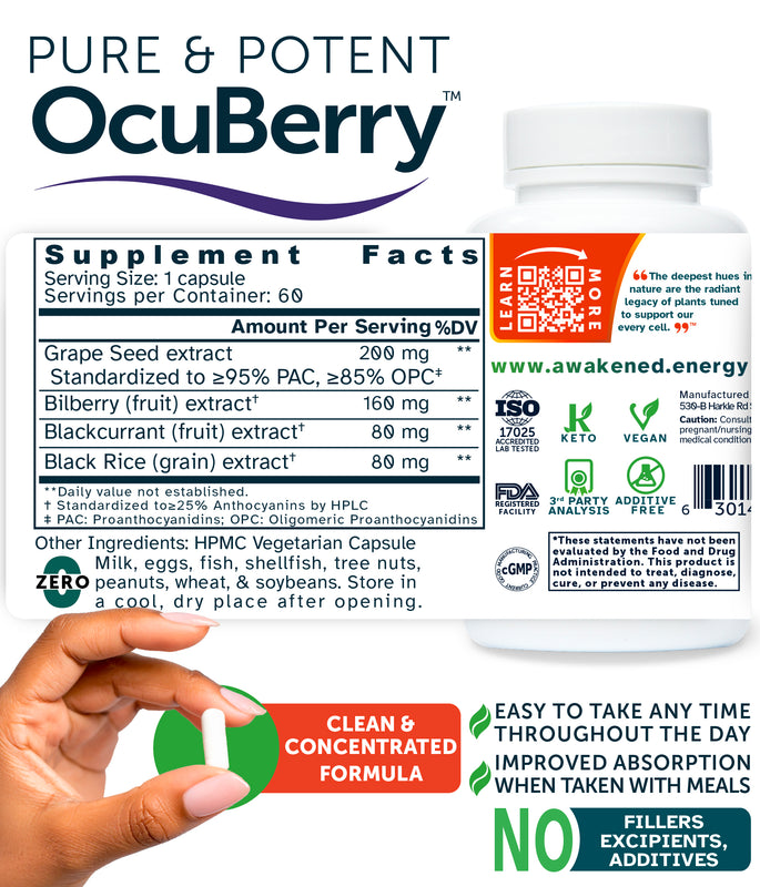 OcuBerry™ 520 mg – Anthocyanins, Antioxidant, Blood flow support – 60 capsules by Awakened.energy