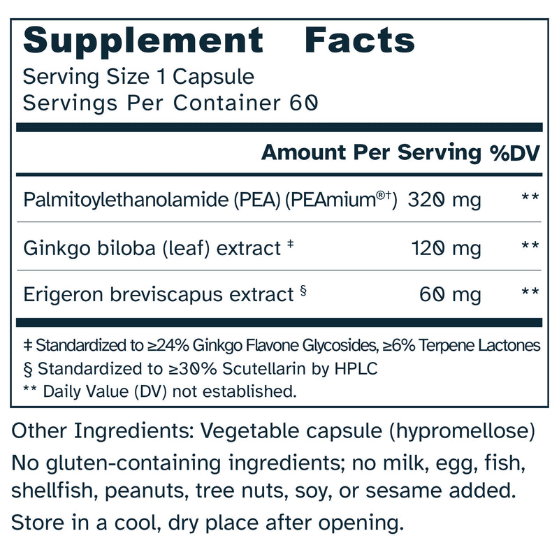 Supplement facts label with detailed ingredient information and serving size.