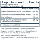 Supplement facts label for Focused Mitochondrial Support 620 mg capsules.