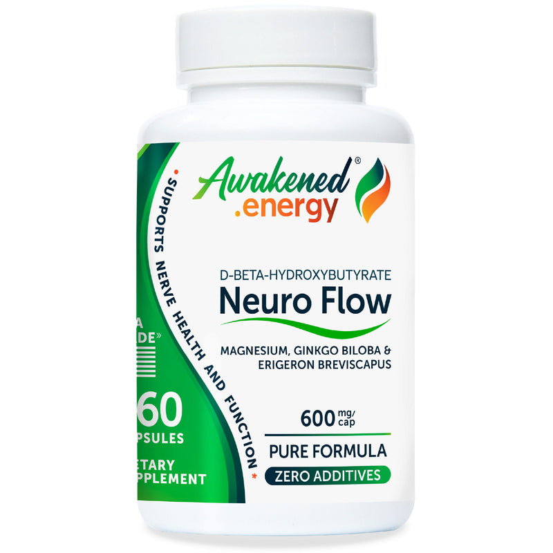 Supplement bottle labeled 'Awakened Energy Neuro Flow' on a white background
