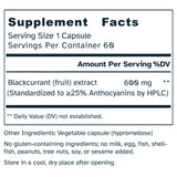 Supplement facts label for blackcurrant extract capsule with serving size and container information.