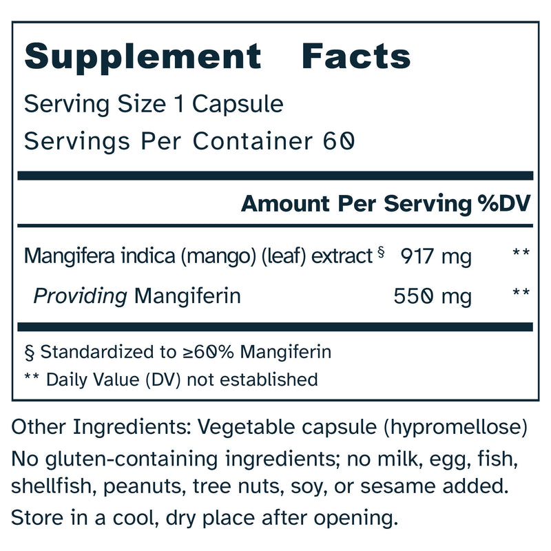 Supplement facts label for a mango leaf extract supplement.