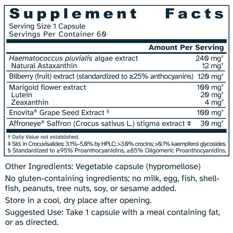 Supplement facts label for OcuBerry Saffron with Enovita 590 mg capsules.
