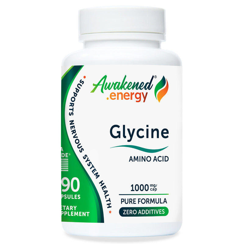 Bottle of Awakened.energy Glycine 1000 mg supplement on a white background.