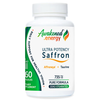 Bottle of Awakened.energy Ultra Potency Saffron 735 mg supplement on a white background.