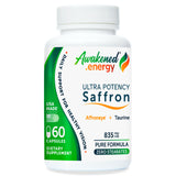 Bottle of Awakened.energy Ultra Potency Saffron 835 mg supplement on a white background.