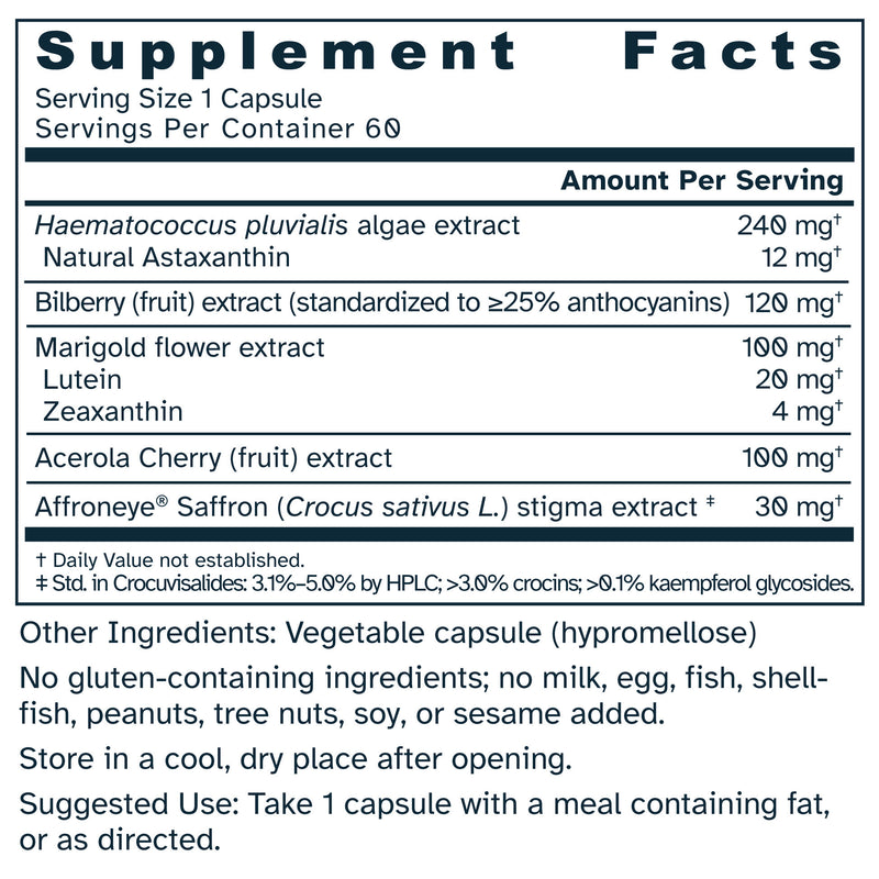 Supplement facts label for OcuBerry Saffron with Acerola Cherry 590 mg capsules.
