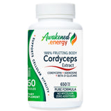 Bottle of Awakened.energy Cordyceps Extract 650 mg supplement on a white background.