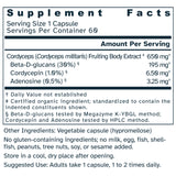 Supplement facts label for Cordyceps Extract 650 mg capsules.