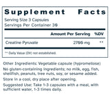 Supplement facts label for Creatine Pyruvate 900 mg capsules.