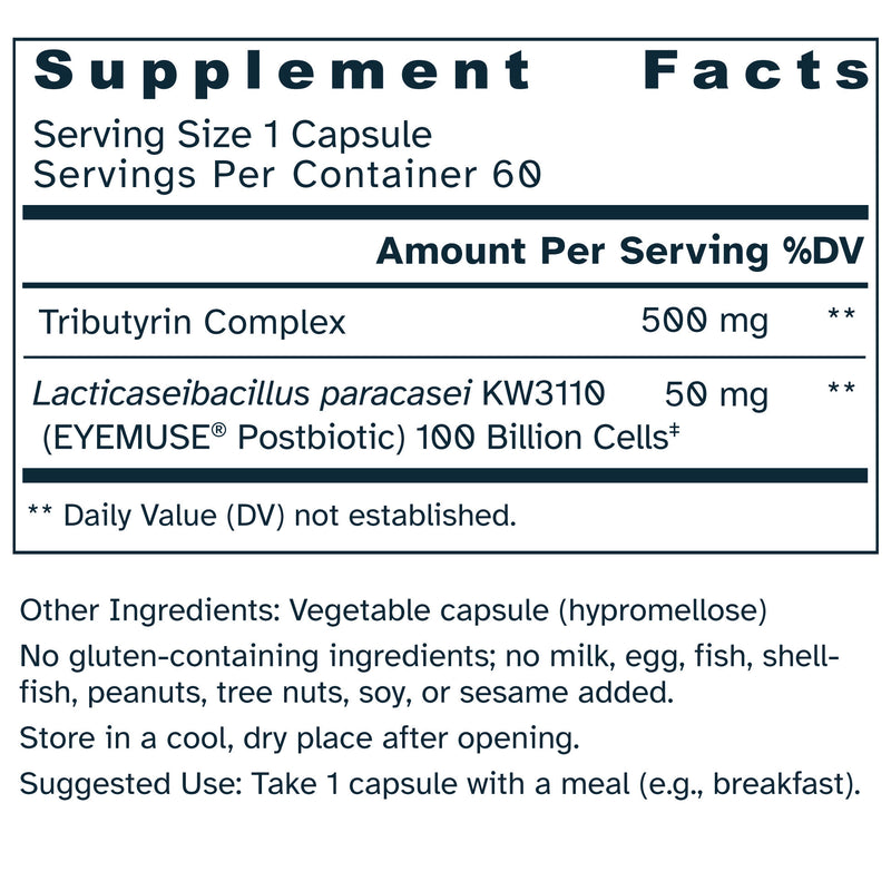 Supplement facts label for Eye-Gut Axis 550 mg capsules.