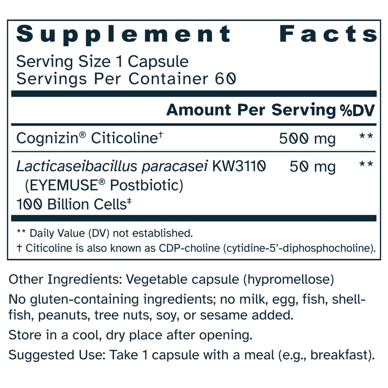 Supplement facts label for Eye-Gut Axis 550 mg capsules.
