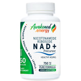 Bottle of Awakened.energy Nicotinamide Riboside NAD+ Precursor 750mg supplement on a white background.