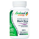 Supplement bottle labeled 'Forbidden Black Rice Extract' by Awakened Energy on a white background
