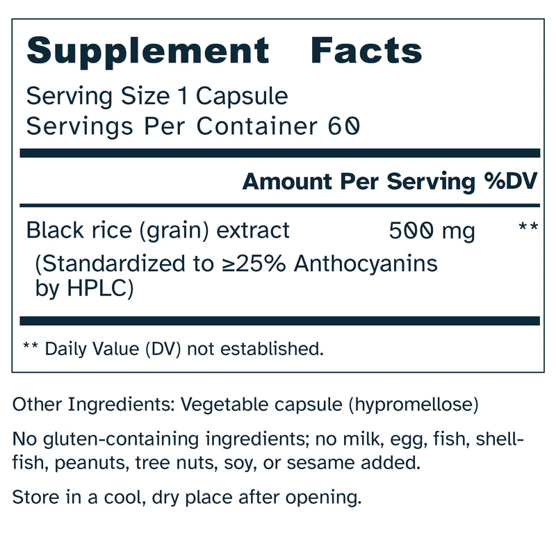Supplement facts label for black rice extract capsule