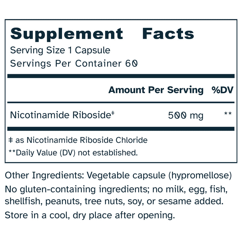 Supplement facts label for a capsule with nicotinamide riboside content.
