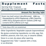 A black and white Supplement Facts label for a green tea leaf extract capsule, detailing serving size, daily value percentages, ingredients, and suggested use.