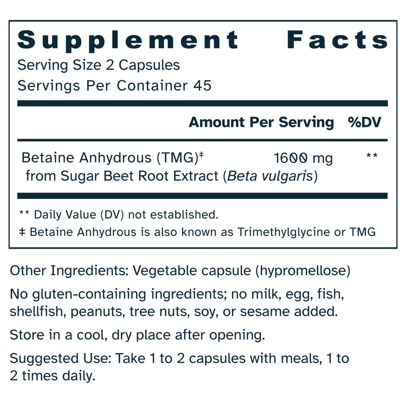 Supplement facts label for TMG – Betaine Anhydrous 800 mg capsules.