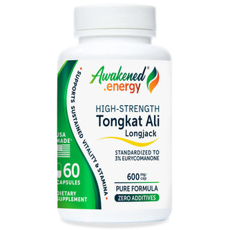 Supplement bottle labeled 'Awakened Energy' with Tongkat Ali Longjack on a white background