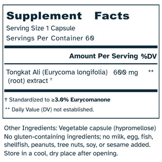 Supplement facts label for a product containing Tongkat Ali extract.