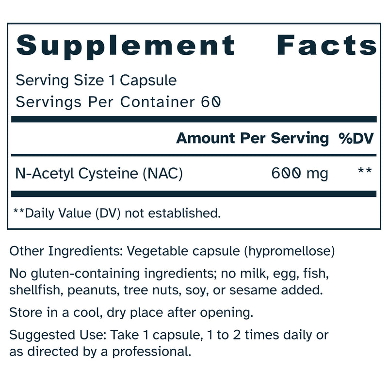 Supplement facts label for NAC 600 mg - N-Acetyl Cysteine capsules.