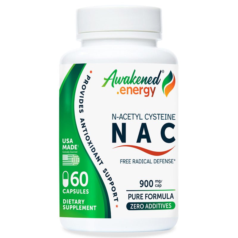 A white bottle of Awakened.energy NAC 900 mg dietary supplement with a green and white label, containing 90 capsules.