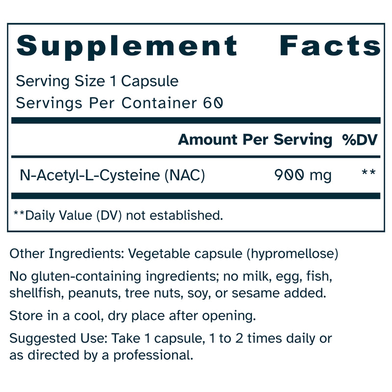 A Supplement Facts label showing N-Acetyl Cysteine (NAC) at 900 mg, with serving size 1 capsule, 60 servings per container, and other ingredients and usage notes below.