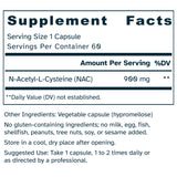 A Supplement Facts label showing N-Acetyl Cysteine (NAC) at 900 mg, with serving size 1 capsule, 60 servings per container, and other ingredients and usage notes below.