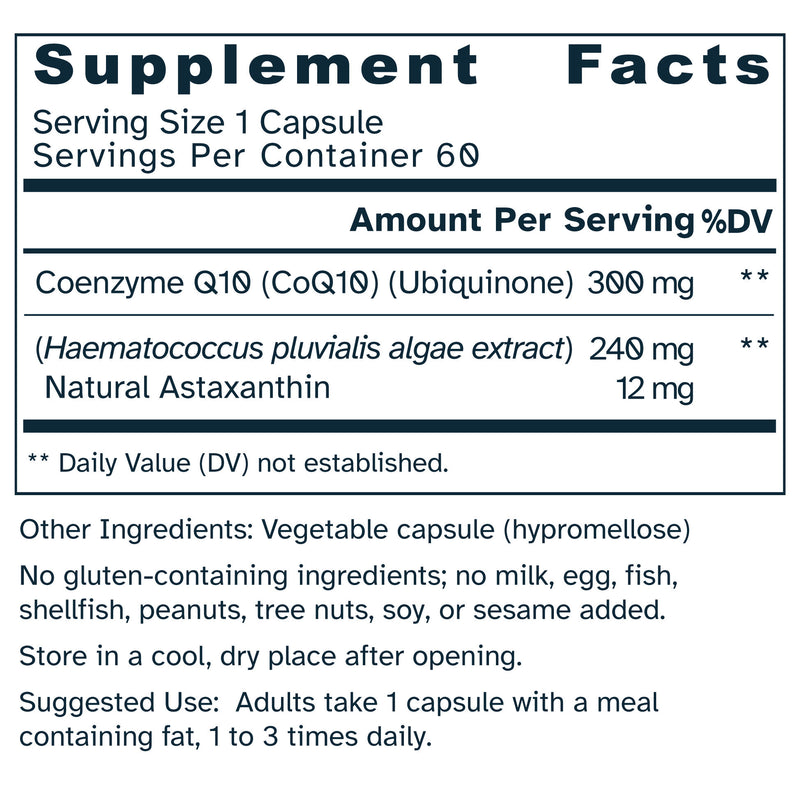 Supplement facts label for Asta-Q10 540 mg – CoQ10 & Astaxanthin capsules.