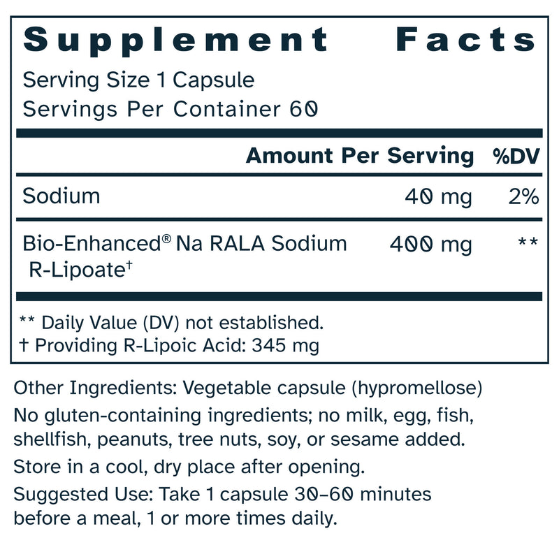 Supplement facts label for Bio-Enhanced® Na R-Lipoic Acid 400 mg capsules.