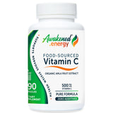 Bottle of Awakened.energy Food-Sourced Vitamin C 500 mg supplement on a white background.