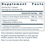 Supplement facts label for Food-Sourced Vitamin C 500 mg capsules.