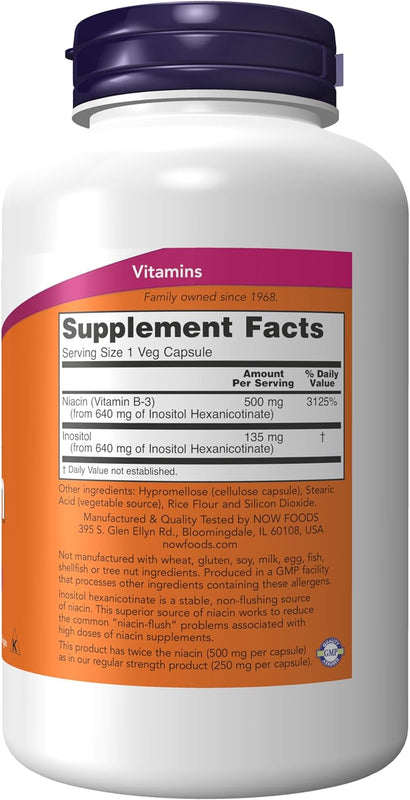 Niacin (Vitamin B-3)  500 mg  Double Strength 180 Vegetarian Capsules by Now foods