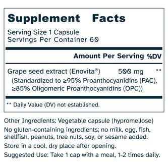 Grape Seed Extract 500 mg - Antioxidant, Cellular Health, Stress Response Support - Enovita®  French GSE, OPCs - No Additives - 60 Capsules by Awakened.energy