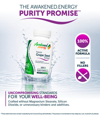 Grape Seed Extract 500 mg - Antioxidant, Cellular Health, Stress Response Support - Enovita®  French GSE, OPCs - No Additives - 60 Capsules by Awakened.energy