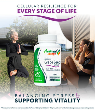 Grape Seed Extract 500 mg - Antioxidant, Cellular Health, Stress Response Support - Enovita®  French GSE, OPCs - No Additives - 60 Capsules by Awakened.energy