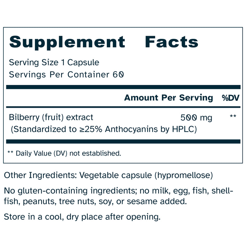 Bilberry Ultra 500 mg – Vision, Retina, Healthy Night Vision Support - No Additives - 60 Capsules by Awakened.energy