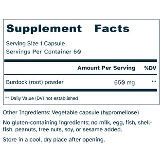 Burdock Root 650 mg – Prebiotic Fibers, Gut Health Superfood, Healthy Detoxification, Skin Support - No Additives -  60 Capsules by Awakened.energy