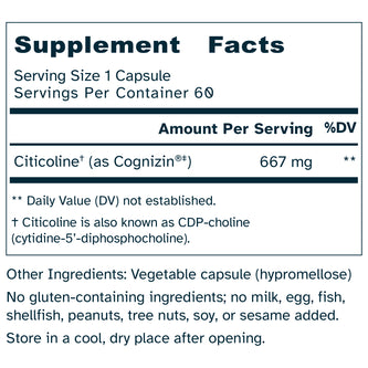 Cognizin® Citicoline 667 mg - CDP-Choline - Brain, Focus, Attention, Memory, Cognitive Support - No Additives – 60 Capsules by Awakened.energy